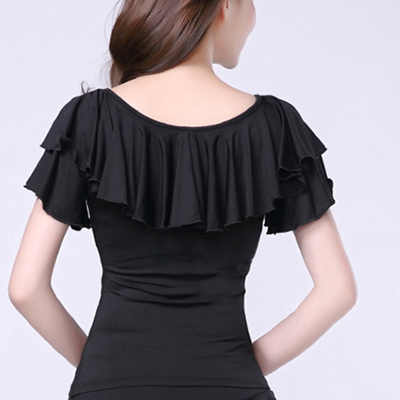 Latin Dance Ballroom Dance Activewear Top Ruffles Pure Color Splicing Women's Performance Training Short Sleeve Milk Fiber2