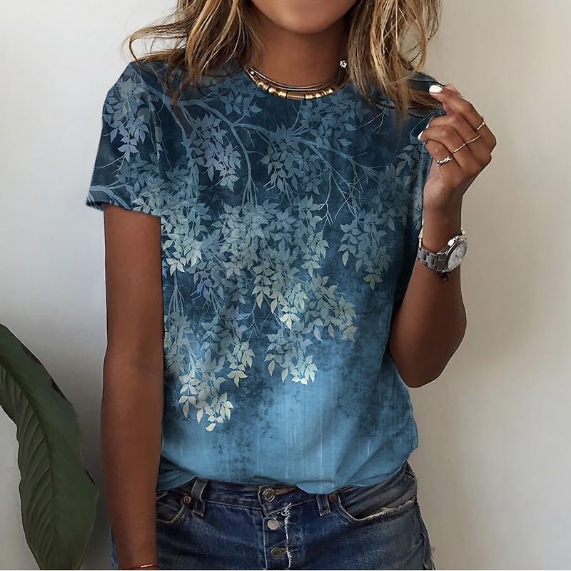 Women's T Shirt Basic Floral Print Short Sleeve Regular Tops Round Neck Holiday Weekend Yellow Pink Blue Green