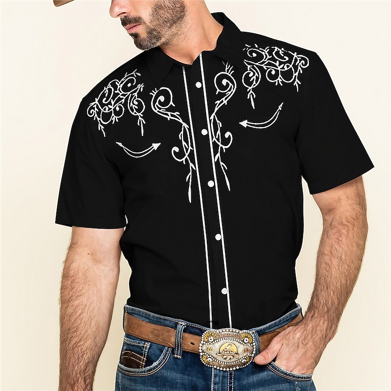 Men's Floral Graphic Prints Shirt Western Shirt Cowboy Shirt Short Sleeve Fashion Streetwear Designer Outdoor Street Daily Summer Spring Turndown Print Black White Red