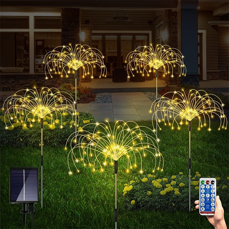 Solar Garden Lights Outdoor Firework Lights 5 Pack 120 LED Solar Lights Decorative Stake with Remote 8 Modes DIY Landscape Light Waterproof Lamps for Walkway Pathway Backyard Lawn2