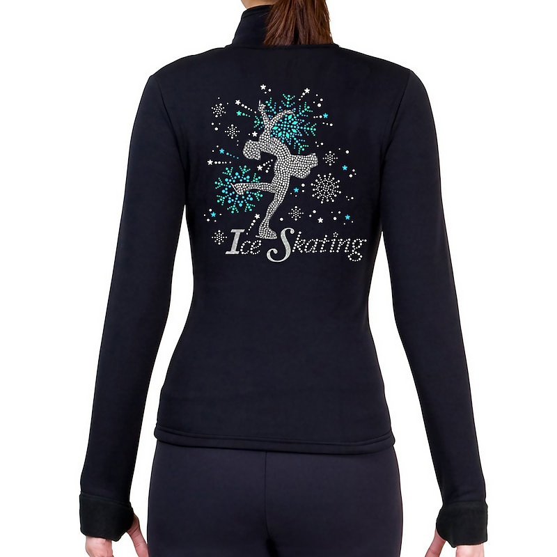 Figure Skating Fleece Jacket Women's Girls' Ice Skating Jacket Black Green Black Sky Blue Thumbhole Fleece Spandex Stretchy Training Practice Competition Skating Wear Thermal Warm Handmade Crystal