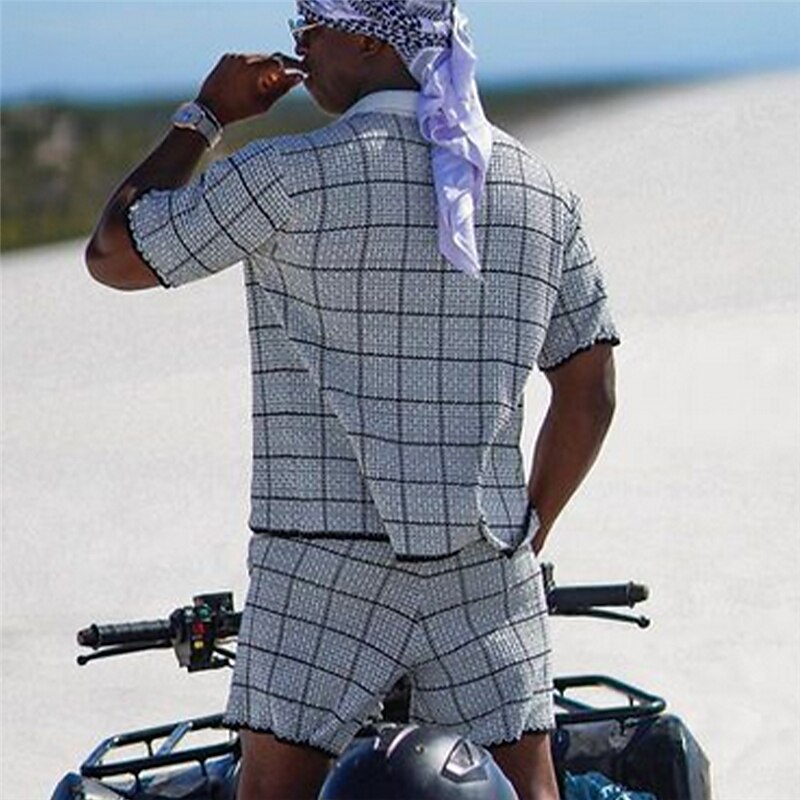 Men's Plaid Geometric Pattern 2pcs Shirts Sets Summer Hawaiian Shirt Short Sleeve Short Pants Cuban Collar Fashion Streetwear Designer Outdoor Daily Going out Print Summer Spring Navy Blue Blue Sky2