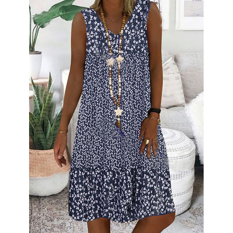 Women's Mini Dress A Line Dress Casual Dress Petite Dress Shift Dress Fashion Basic Classic Outdoor Vacation Party Regular Fit Floral Ditsy Floral Sleeveless V Neck Blue Brown Green Summer4