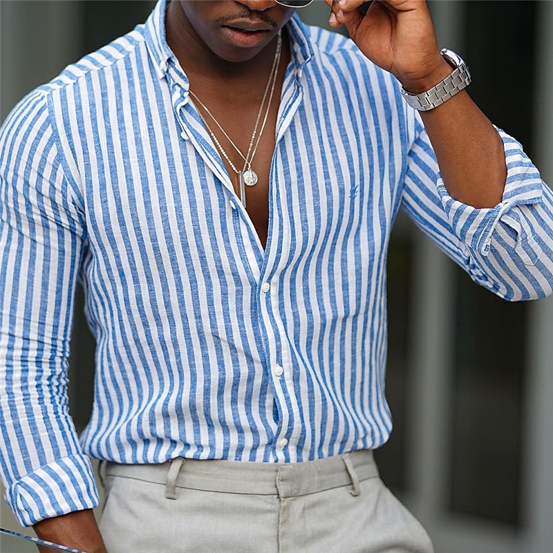 Men's Shirt Striped Outdoor Casual Yellow Light Green Red Blue Long Sleeve Turndown Fall & Winter Clothing Apparel Print2