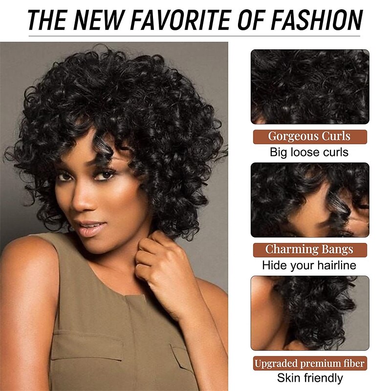 Short Curly Wigs for Black Women14 Soft Natural Black Synthetic Wigs for Black Women Cute Fashion Curly Wig with BangsAfro Kinky Curls Heat Resistant for African American Women Daily Use Party2