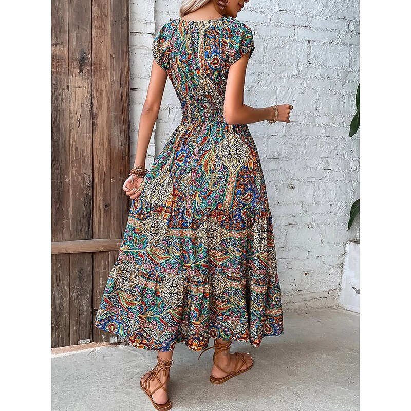 Women's Maxi long Dress Casual Dress Swing Dress Summer Dress Boho Dress Bohemia Fashion Casual Outdoor Vacation Daily Loose Fit Floral Paisley Tribal Short Sleeve V Neck ArmyGreen Red Orange Green3