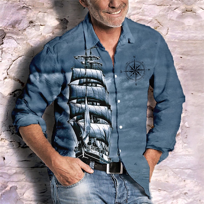 Men's Nautical Vintage Sailboat Shirt Button Up Shirt Long Sleeve Fashion Streetwear Designer Outdoor Casual Daily Summer Spring Fall Turndown Print Blue Green Khaki Gray2