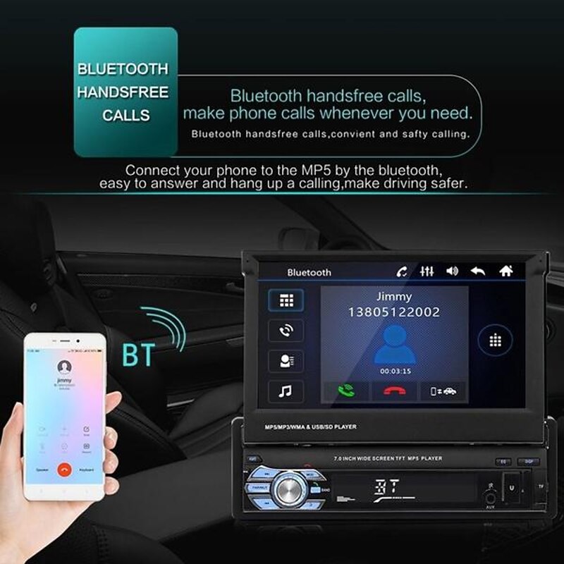 Newest 7" HD 1080P Retractable Touch Screen Car Radio Stereo 1 Din Bluetooth Car MP5 Player Support USB/AUX/FM/ Mirror Link Function+ Rearview Camera3