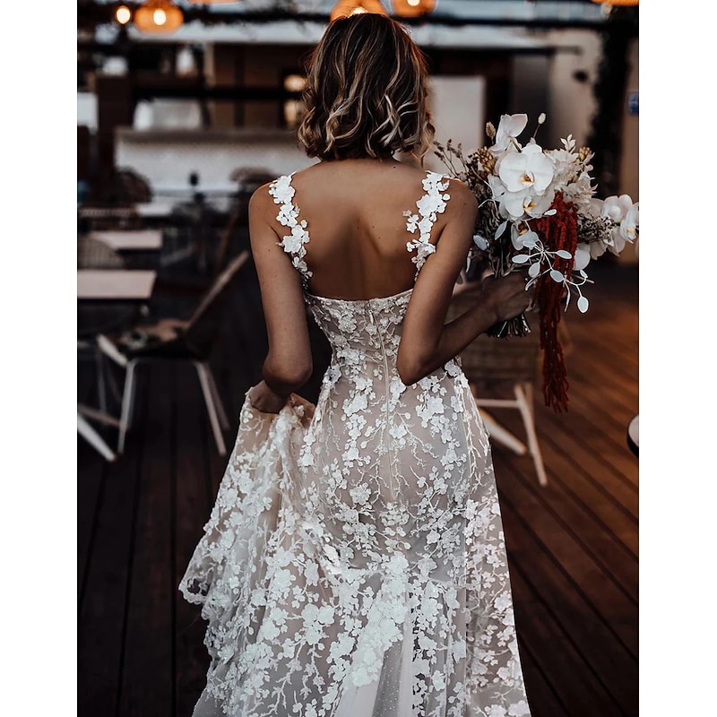 Beach Boho Simple Wedding Dress A-Line Sweetheart Regular Straps Court Train Lace Bridal Gowns With Appliques Split Front2