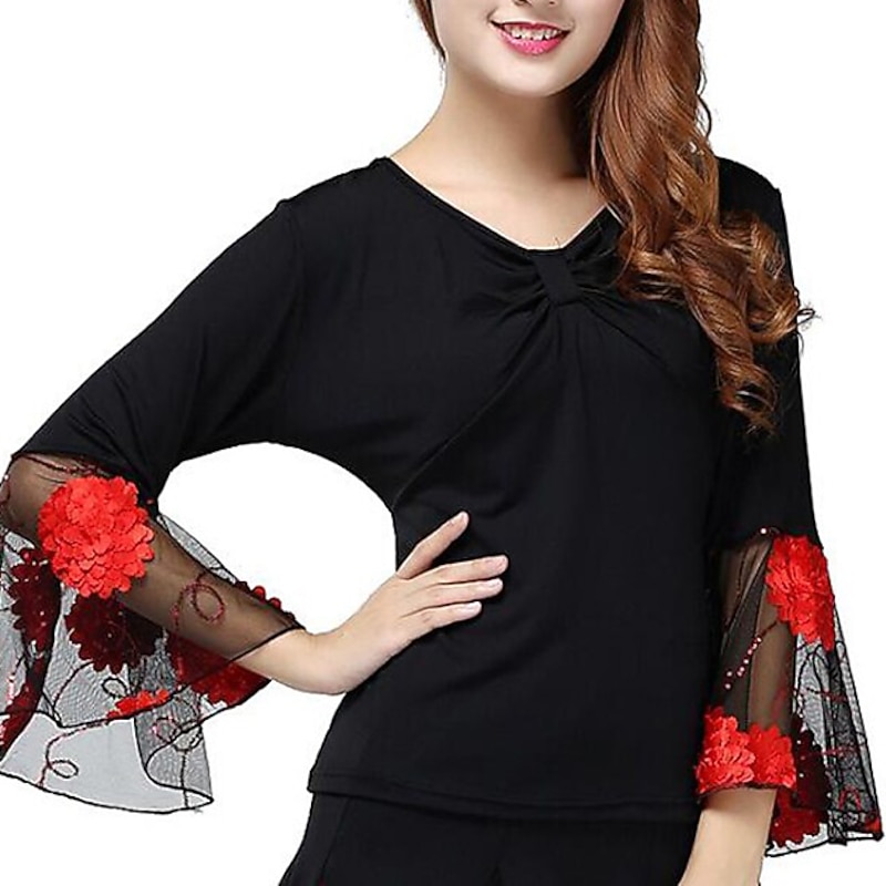 Ballroom Dance Top Appliques Split Joint Women's Training Performance Short Sleeve Mesh Polyester