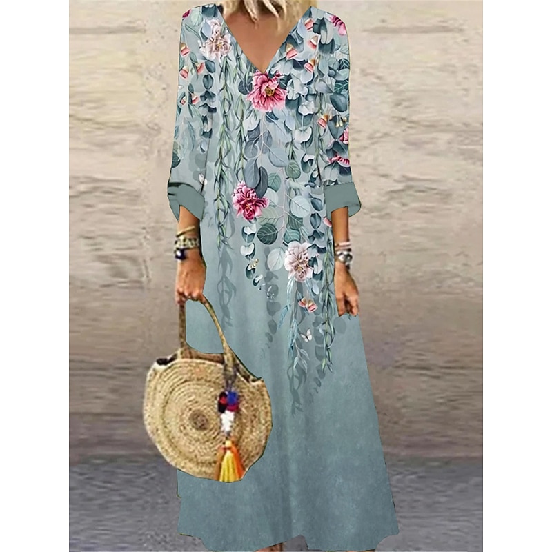 Women's Maxi Dress Casual Dress Floral Print V Neck Casual Daily Vacation 3/4 Length Sleeve Summer Spring