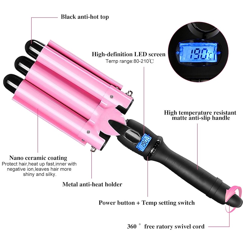 3 Barrel Curling Iron Wand Dual Voltage Hair Crimper with LCD Temp Display - 1 Inch Ceramic Tourmaline Triple Barrels Temperature Adjustable Portable Hair Waver Heats Up Quickly4