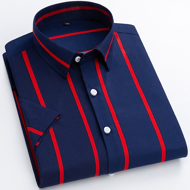 Men's Dress Shirt Striped Shirt Plaid / Striped / Chevron / Round Wedding Office & Career Black White Dark Navy Navy Blue Short Sleeve Shirt Collar Spring & Summer Clothing Apparel2