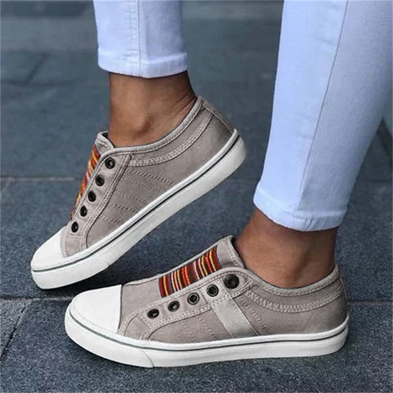 Women's Casual Slip-On Canvas Sneakers – Lightweight and Breathable Low-Top Shoes with Multicolor Striped Accent