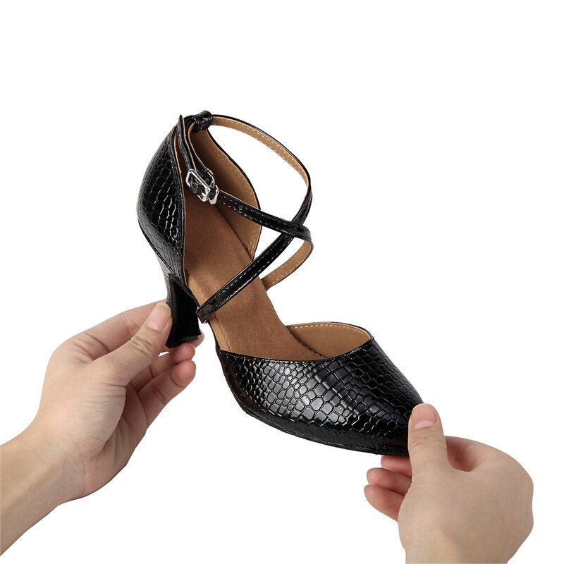 Women's Ballroom Dance Shoes Modern Shoes Character Shoes Performance Training Party Heel Tassel Thick Heel Cross Strap Bright Black Black 10