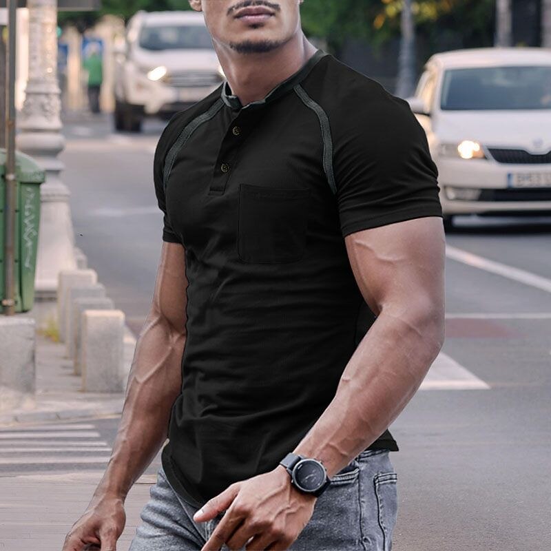 Men's Button T Shirt Henley Shirt Tee Top Short Sleeves Henley Summer Raglan Sleeve Fashion Designer Basic Vacation Street Going out Black Red Navy Blue Top Tee for Men2