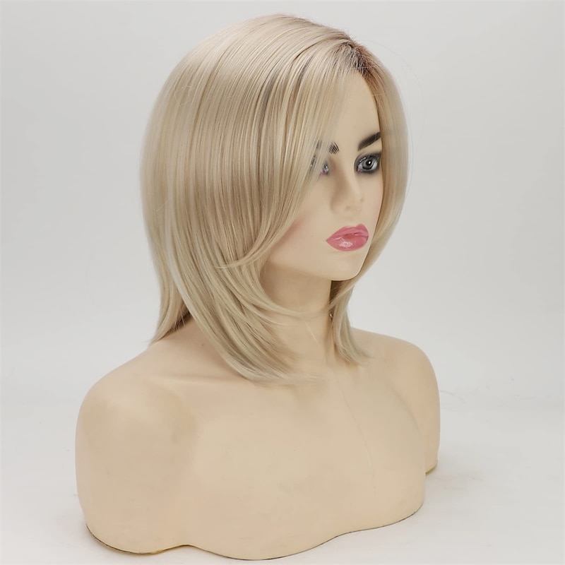 Short Platinum Blonde Bob Wigs for White Women Ombre Blonde Wig with Brown Roots Straight Heat Synthetic Daily Party Wig2