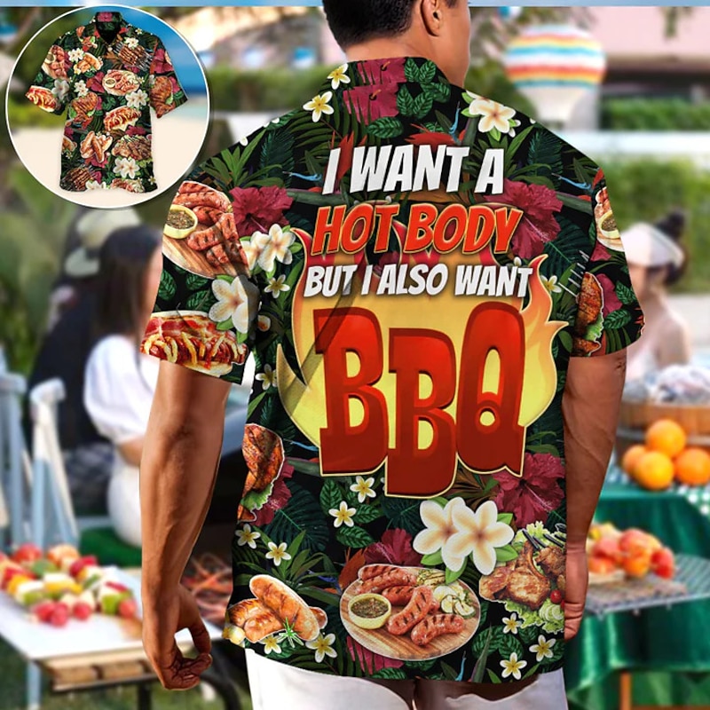 Men's Food Letter Barbecue Shirt Summer Hawaiian Shirt Aloha Shirt Short Sleeve Shirt Cuban Collar Sports Fashion Streetwear Outdoor Casual Hawaiian Red Green S M L4
