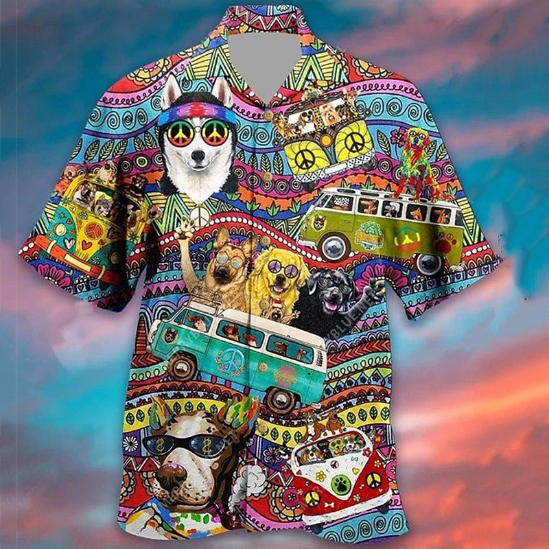 Men's Animal Dog Tropical Shirt Summer Hawaiian Shirt Aloha Shirt Short Sleeve Shirt Cuban Collar Sports Fashion Streetwear Outdoor Casual Hawaiian Rainbow S M L
