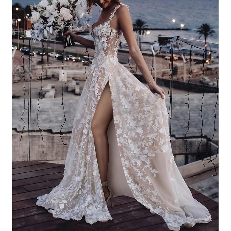 Beach Boho Simple Wedding Dress A-Line Sweetheart Regular Straps Court Train Lace Bridal Gowns With Appliques Split Front3