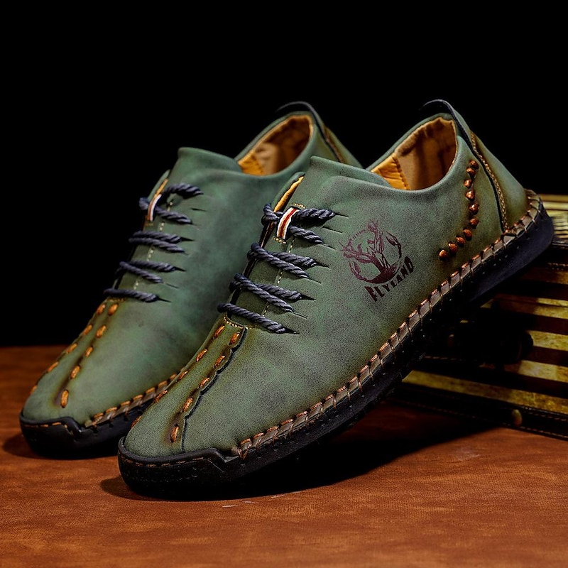 Men's Green Faux Leather Lace-Up Casual Shoes – Handcrafted Stitching, Comfortable Fit, and Vintage Style for Everyday Wear4