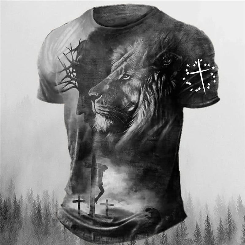 Men's Graphic Animal Lion Faith T Shirt Short Sleeve T shirt 3D Print Crew Neck Shirt Vintage Fashion Designer Outdoor Daily Sports Red Blue Brown Spring & Summer Clothing Apparel S M L XL 2XL 3XL3