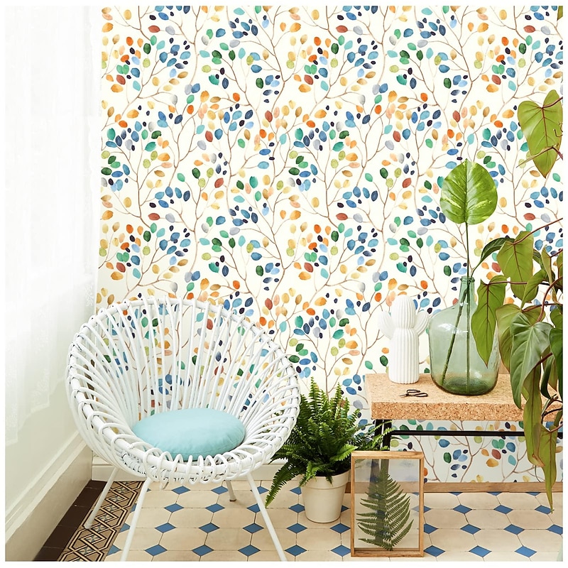 Cool Wallpapers Wallpaper Aesthetic Wall Mural Floral Peel and Stick Wallpaper Colorful Forest Beige/Orange/Blue Removable Contactpaper for Nursery Decorations 17.7in x 118in3