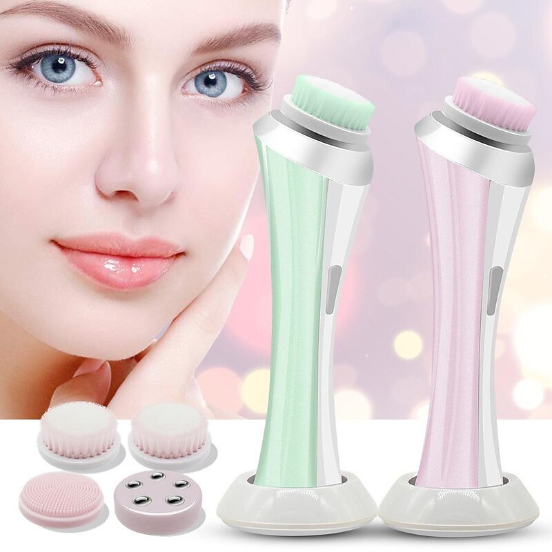 Handheld Facial Cleansing Brush With 4 Interchangeable Heads Lightweight Daily Cleansing Brush For Glowing Skin - Waterproof Facial Exfoliator