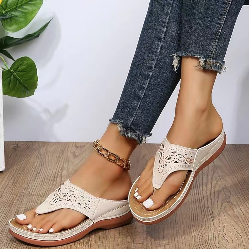 Women's Beige Cut-Out Leather Slip-On Sandals with Cushioned Sole - Comfortable Summer Footwear for Casual Everyday Wear2