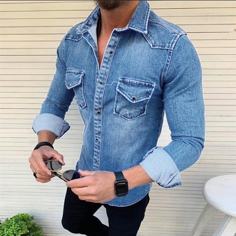 Men's Shirt Casual Shirt Jeans Shirt Button Up Shirt Denim Shirt Denim Blue Blue Light Grey Dark Gray Long Sleeve Plain Turndown Vacation Daily Front Pocket Clothing Apparel Cotton Polyester Fashion2