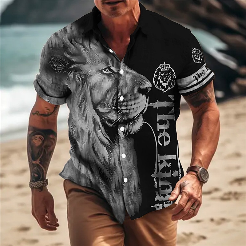 Men's Animal Lion Letter Shirt Button Up Shirt Short Sleeve Fashion Designer Casual Outdoor Casual Summer Spring Turndown Print Black Yellow Blue Green2