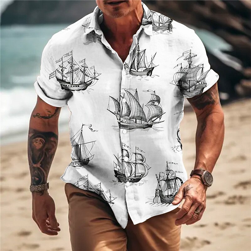 Men's Anchor Vintage Compass Shirt Button Up Shirt Short Sleeve Vintage Fashion Designer Outdoor Casual Summer Spring Turndown Print Black White Yellow Blue Gray2