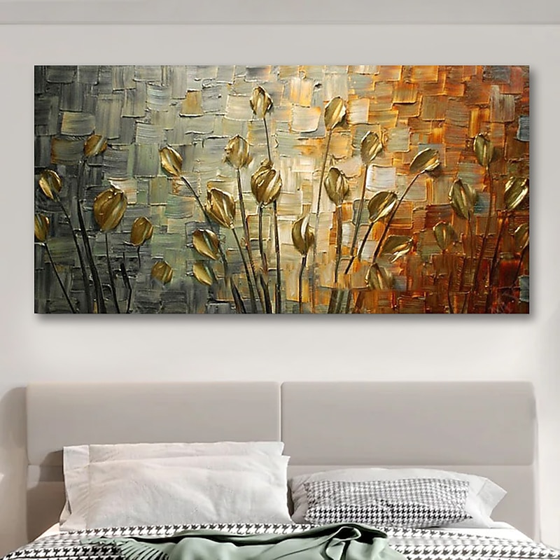 Oil Painting Hand Painted Horizontal Panoramic Abstract Floral / Botanical Modern Stretched Canvas3