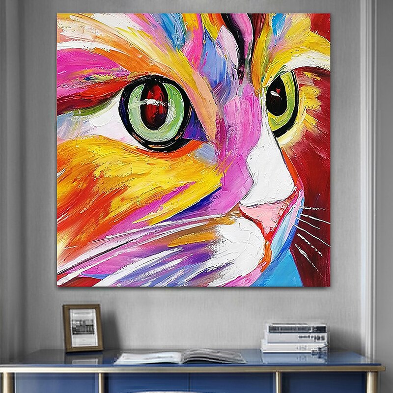 Oil Painting Handmade Hand Painted Wall Art Abstract Cat Colorful Animal Home Decoration Décor Stretched Frame Ready to Hang4