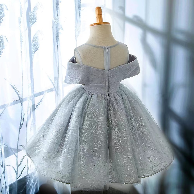 Kids Girls' Party Dress Solid Color Short Sleeve Performance Wedding Mesh Puff Sleeve Princess Sweet Mesh Mid-Calf Sheath Dress Tulle Dress Flower Girl's Dress Summer Spring Fall 2-12 Years Silver2