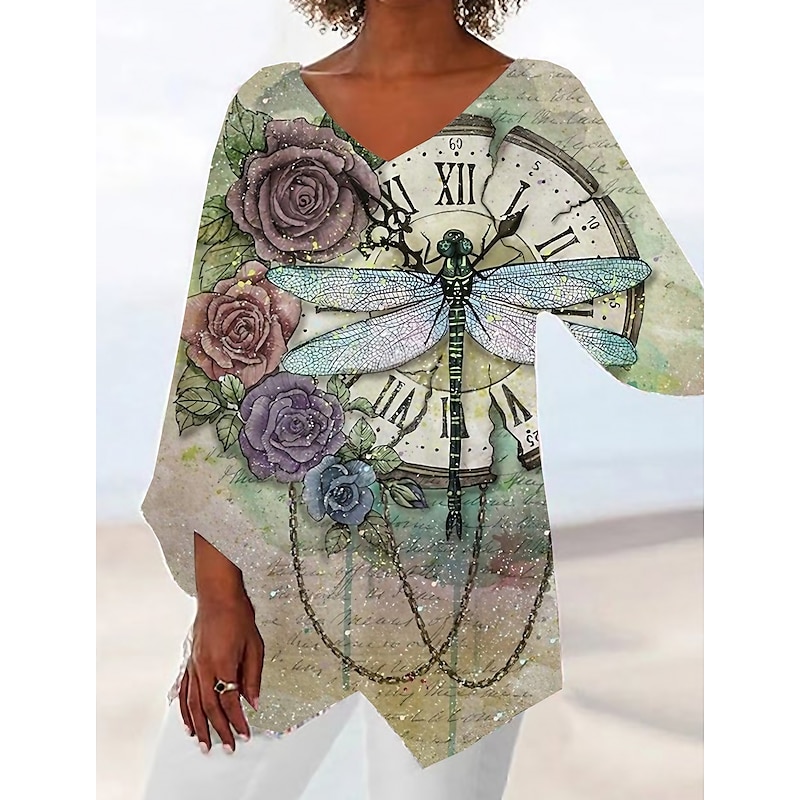 Women's Blouse Asymmetrical Hem Vacation Fashion Streetwear Print Long Sleeve Long Tops V Neck Casual Holiday Silver Spring Fall