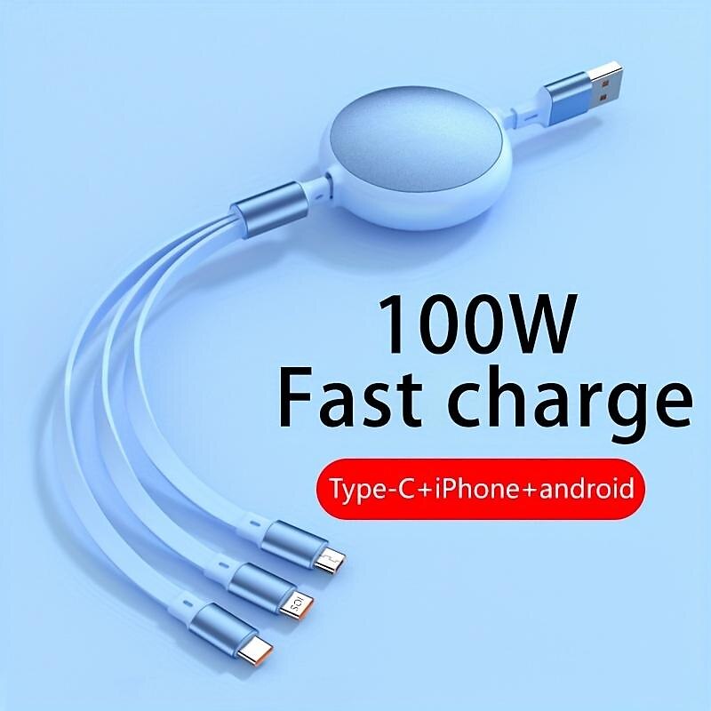 100W Super Fast Charge 3-in-1 Retractable Charging Cable For Apple Android Type-C USB Charge Car Multifunctional Mobile Phone Electronic Accessories