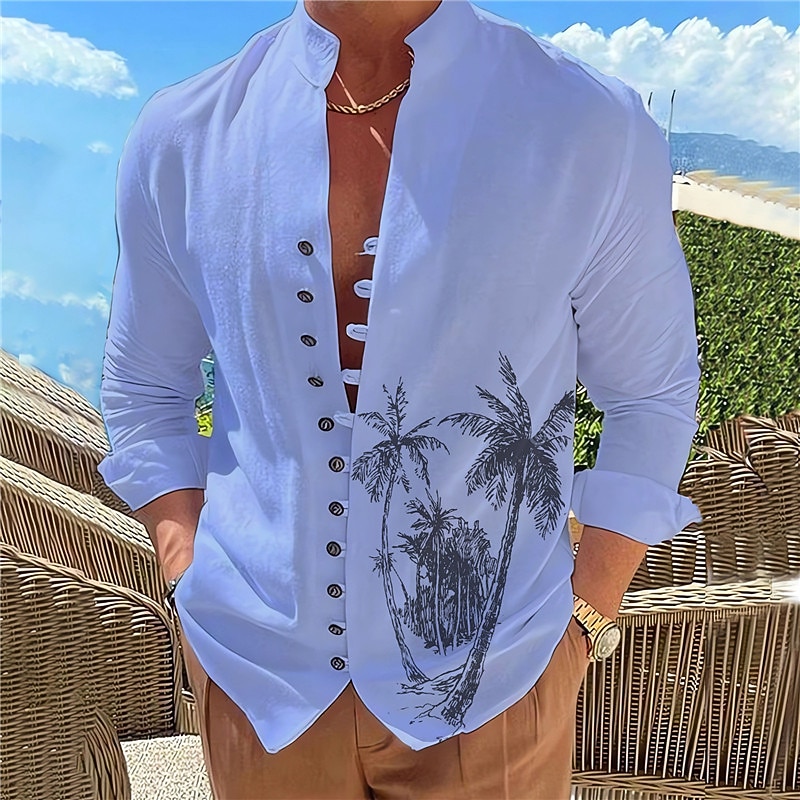 Men's Coconut Tree Tropical Plants Shirt Summer Hawaiian Shirt Aloha Shirt Long Sleeve Shirt Stand Collar Fashion Designer Casual Outdoor Vacation Street White Blue Green S M L2
