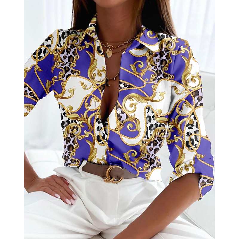 Women's Shirt Long Sleeve Button Down Blouse Basic Buttons Print Regular Tops Shirt Collar Casual Pink Red Purple Spring Fall2