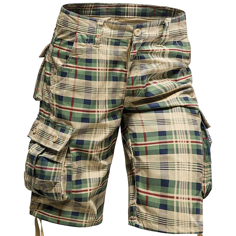 Men's Cargo Shorts Shorts Bermuda shorts Pocket Plaid Comfort Breathable Outdoor Daily Going out Casual Big and Tall Green Khaki