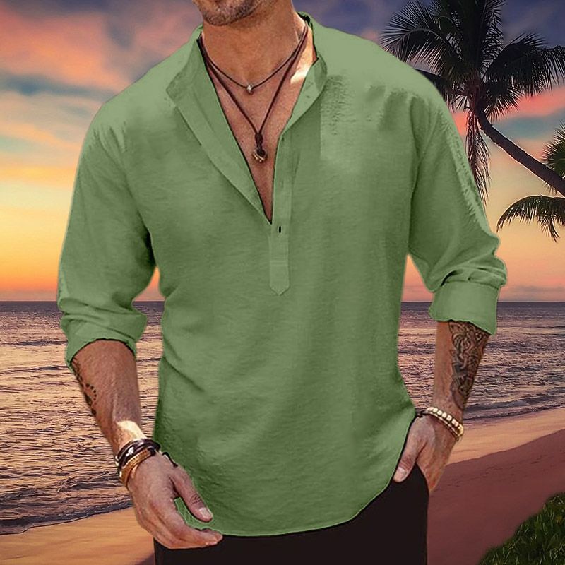 Men's Shirt Linen Shirt Popover Shirt Summer Shirt Beach Wear Band Collar Shirt Plain Vacation Curise Pink Blue Army Green Long Sleeve Henley Spring & Summer Clothing Apparel3