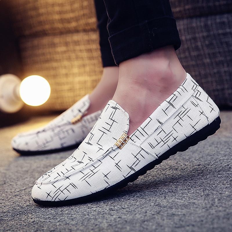 Men's White Printed Slip-On Loafers – Lightweight Casual Canvas Driving Shoes with Rubber Sole for Summer, Travel, and Daily Wear
