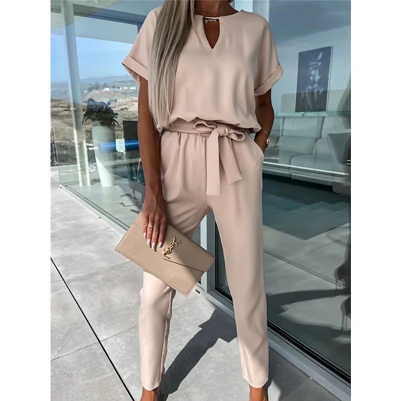 Women's Jumpsuits Casual Summer Lace up High Waist Solid Color Crew Neck Business Office Work Loose Fit Short Sleeve Black Pink Fuchsia S M L3