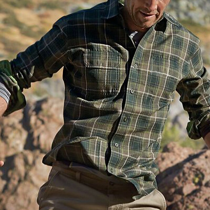 Men's Shirt Casual Shirt Button Up Shirt Checked Shirts Navy Blue Blue Brown Green Dark Gray Long Sleeve Graphic Plaid Turndown Vacation Street Print Clothing Apparel Stylish Modern Contemporary2