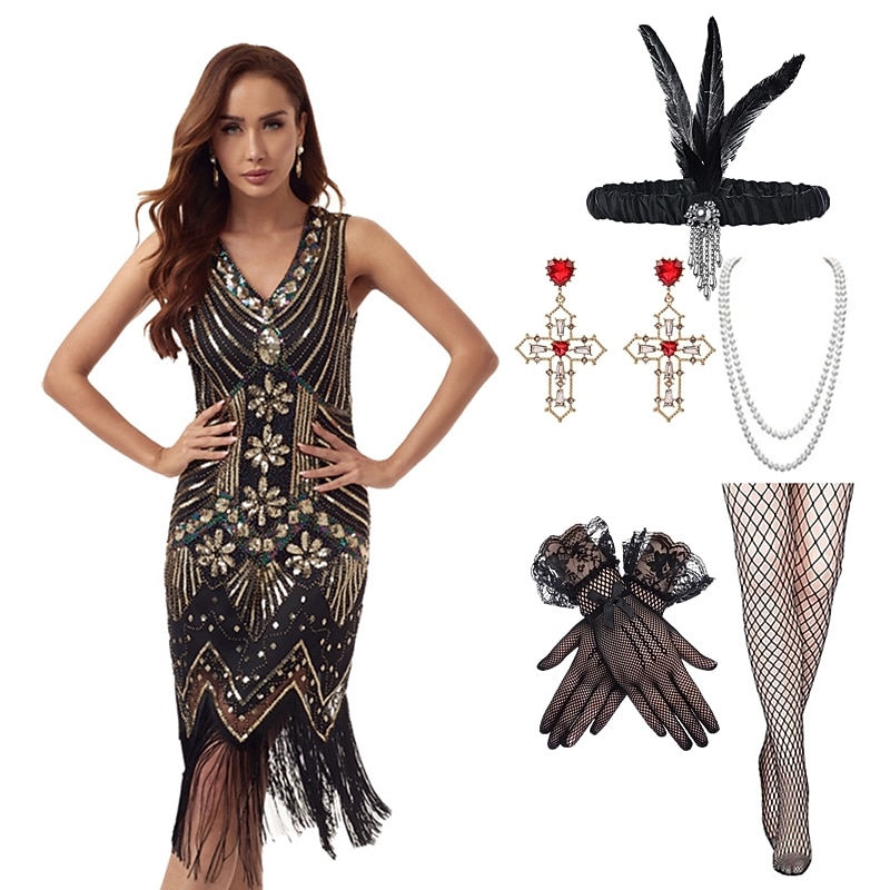 1920s Flapper Dress with 20s Accessories Set Women's Sequins Tassel Fringe Costume Retro Vintage Cosplay Party & Evening Cocktail Dress