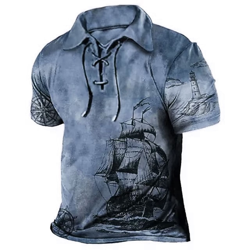 Men's Graphic Prints Vintage Boat Polo Shirt Golf Shirt Short Sleeve Shirt Turndown Outdoor Street Blue Brown Green Khaki Drawstring Print Clothing Apparel Sports Fashion Streetwear Designer2