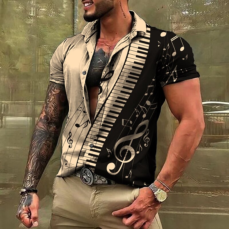 Men's Boardmasters Music Notes Shirt Button Up Shirt Short Sleeve Fashion Streetwear Designer Casual Daily Weekend Summer Spring Turndown Print Button-Down Lake blue White Blue Purple Brown4