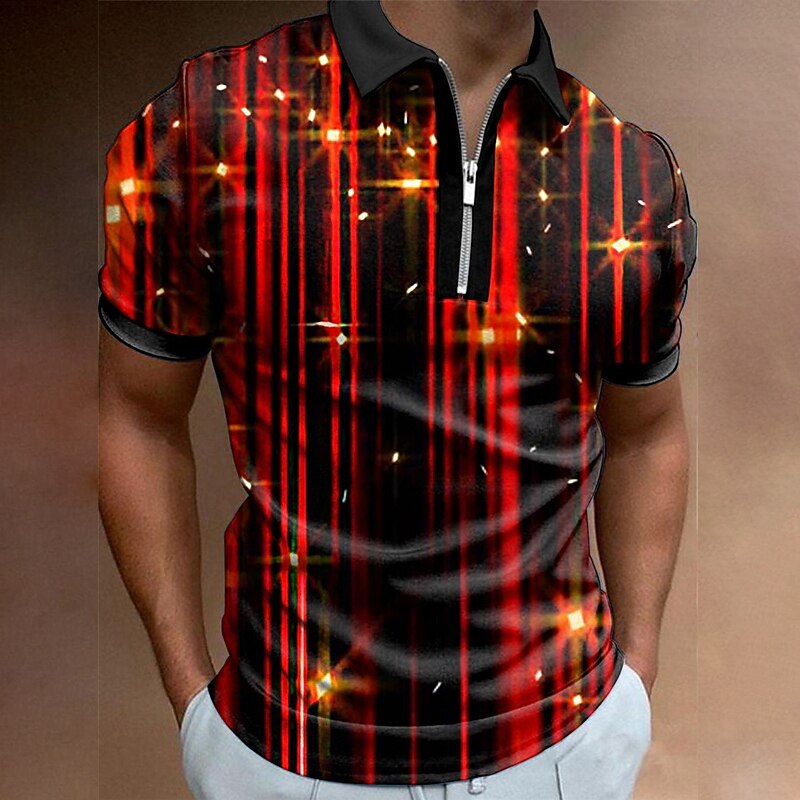 Men's Graphic Zip Polo Shirts Golf Shirt Short Sleeve Polo Shirts Collared Shirts Casual Vacation Wear Rave Wear Party Outfits 3D Print Quarter Zip Polo Red Blue Gold2