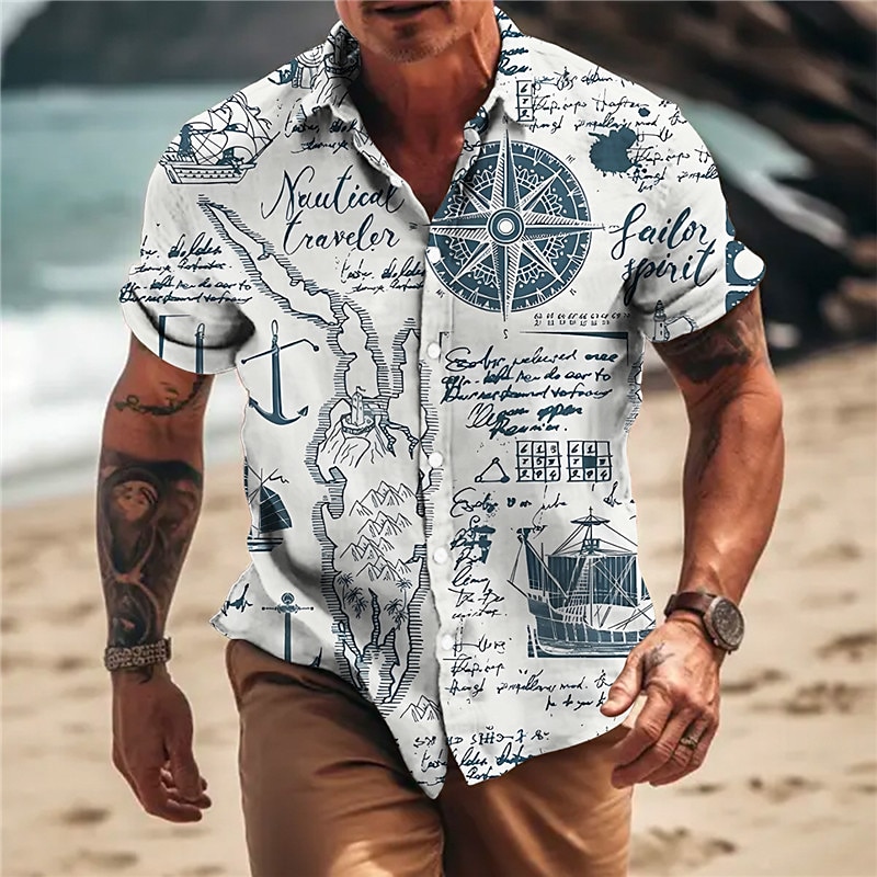 Men's Anchor Vintage Compass Shirt Button Up Shirt Short Sleeve Vintage Fashion Designer Outdoor Casual Summer Spring Turndown Print Black White Yellow Blue Gray