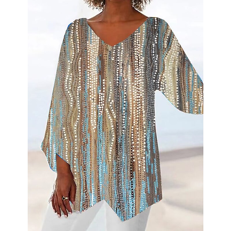 Women's Blouse Asymmetrical Hem Vacation Fashion Streetwear Print Long Sleeve Long Tops V Neck Casual Holiday Silver Spring Fall3